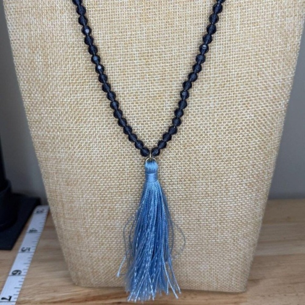 J.Crew Navy Blue‎ Glass Beaded Tassel Necklace Gold Tone Long Statement Boho Y2K